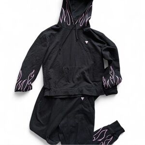 Guess los Angelous Black and pink flame hoodie and joggers two piece sweat set